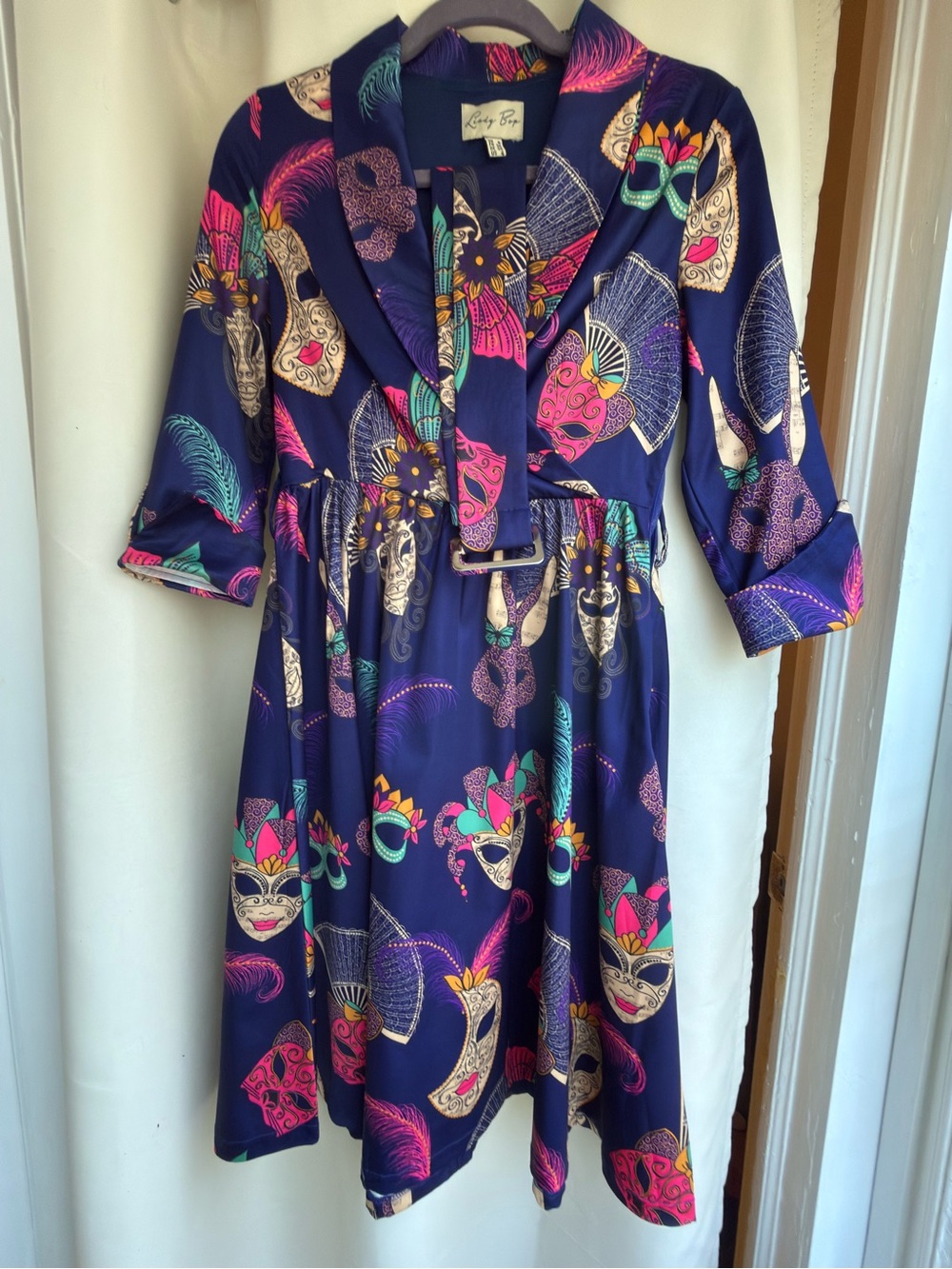 Lindy Bop Navy Midi Dress with Pink, Teal & Gold Mask Print